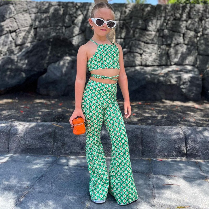 Kids Girls Sleeveless Belt Tops + Flared Pants Clothing Set childrensterritory