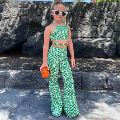 Kids Girls Sleeveless Belt Tops + Flared Pants Clothing Set childrensterritory