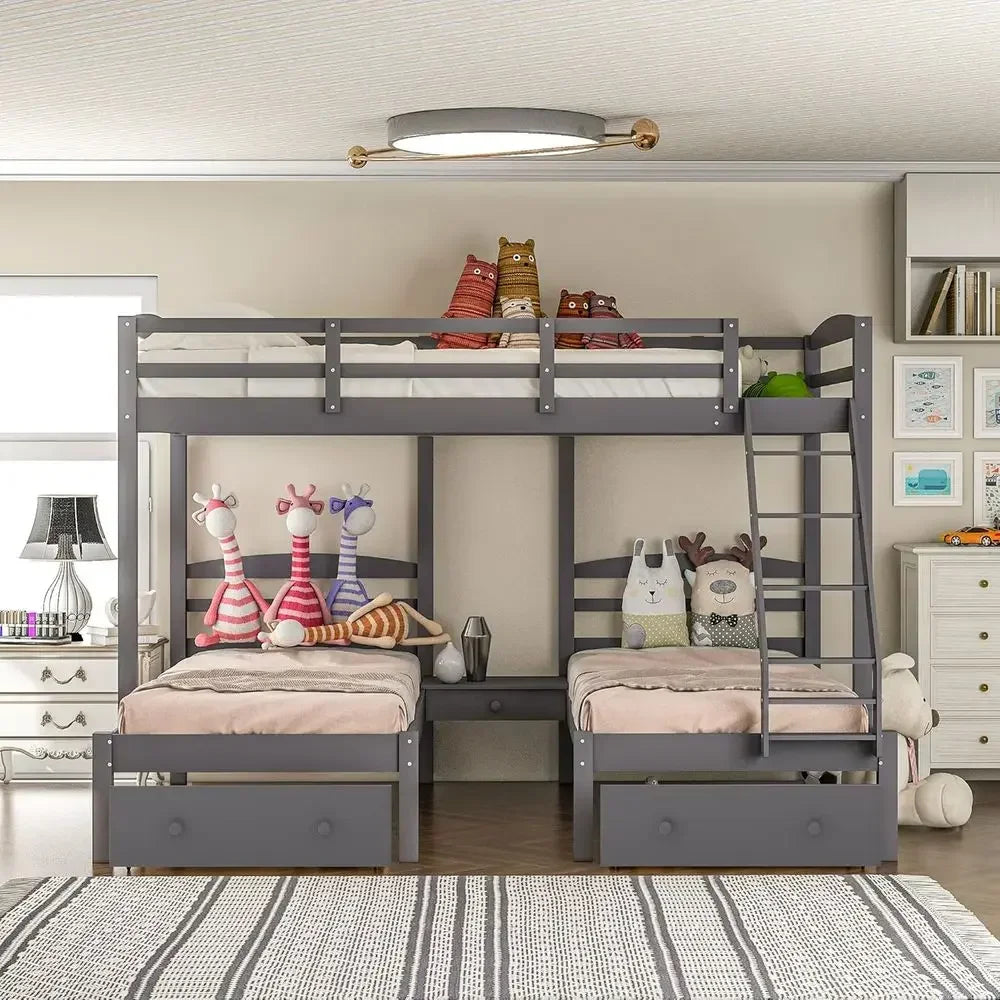Full Over Triple Bunk Bed with Drawers and Guardrails