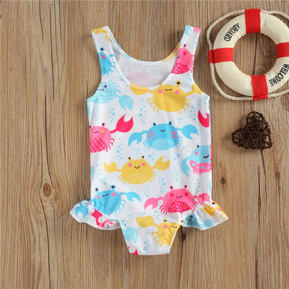 Crab/Donut Print Sleeveless Baby Girl Swimwear Romper
