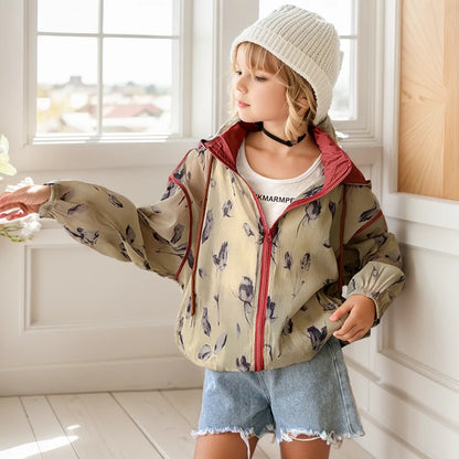 Young Girls Floral Pattern Hooded Jacket for All Season childrensterritory
