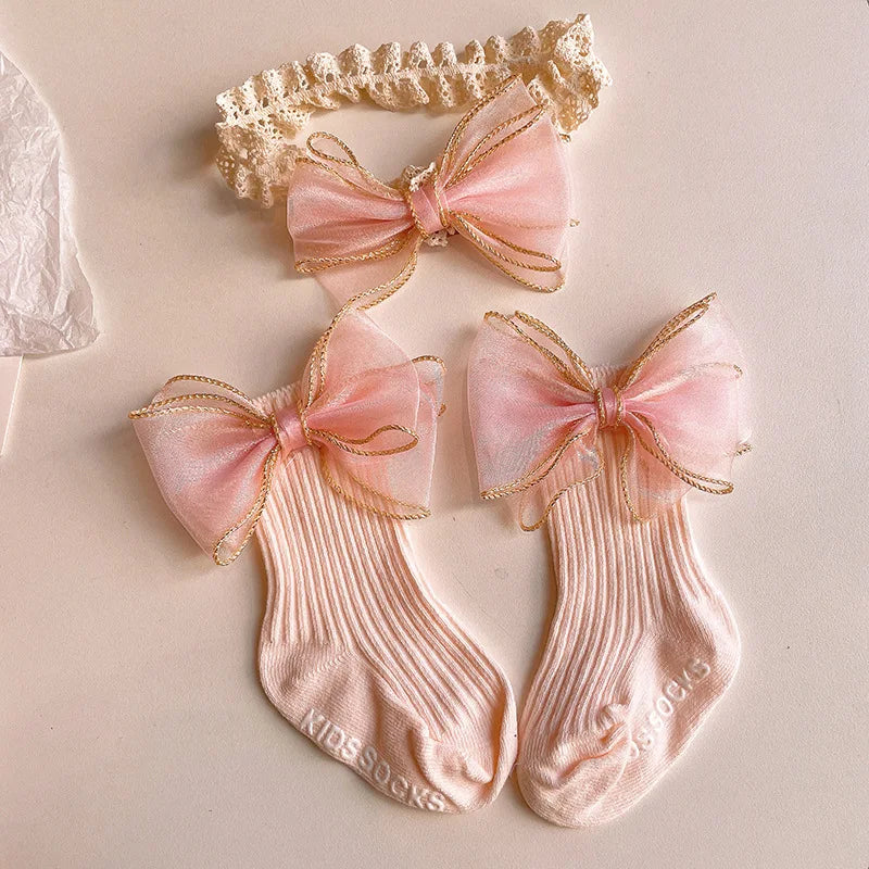 Bow Lace Design Baby Princess Cotton Socks and Headband Set