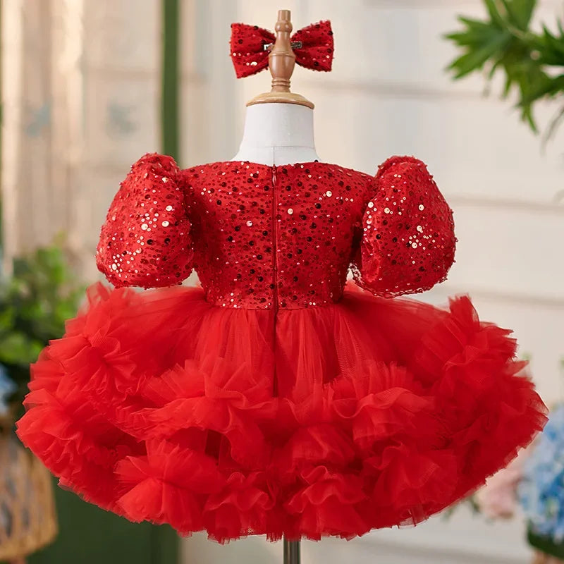 Organza Fluffy Red Sequined Baby/Kids Girl Dress for Photoshoot