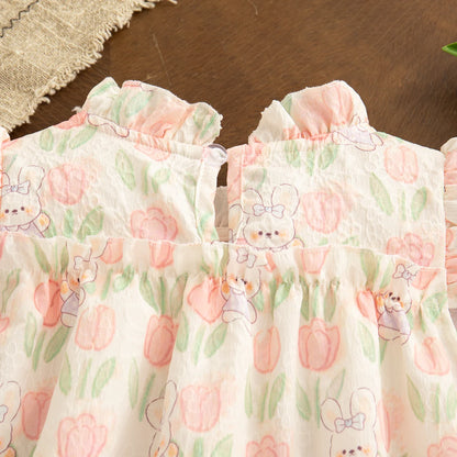 Baby Girl Cartoon Rabbit Tulip Print Dress for Summer