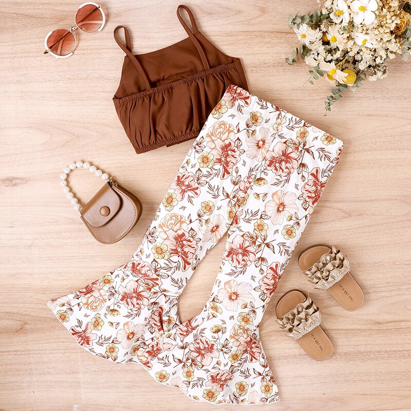 Bowknot Camisole with Floral Flare Pants for Girls childrensterritory