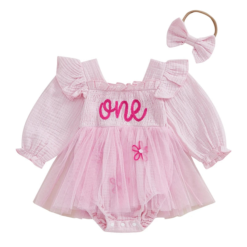 Baby Girls Letter Pattern Ruffled Mesh Romper Dresses