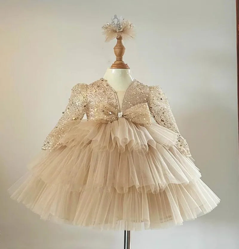 Glitter Sequins Knee Length Girls First Birthday Party Gown childrensterritory