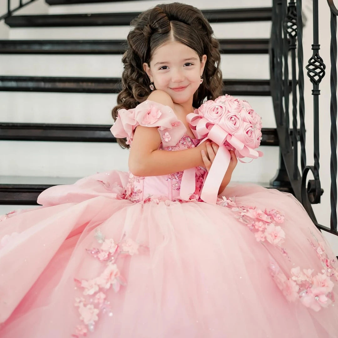 Tulle Floral Appliques Pageant Dress for Girls with Trailing