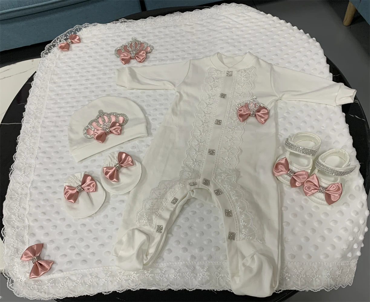 5pcs Sequin Bling Crown Design Baby Girl Welcome Home Outfits childrensterritory