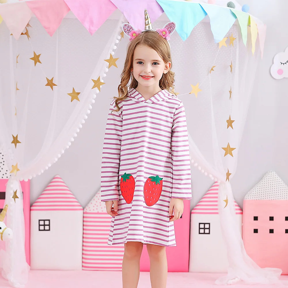 Kids Girls Strawberry Applique Hooded Dress childrensterritory