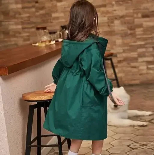Kids Girls Long Hooded Windbreaker Trench Coats