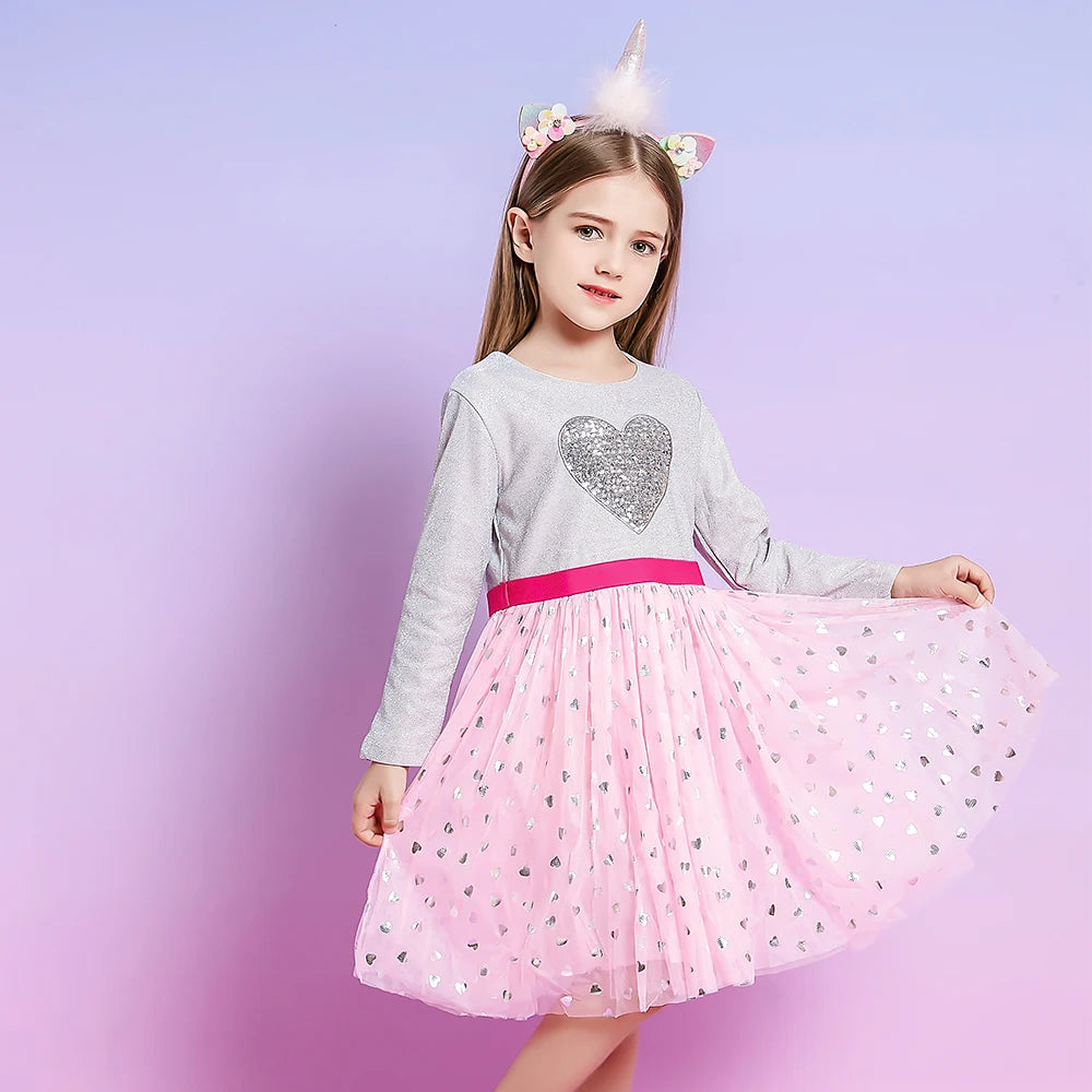 Little Girls Sequin Heart Print Elegant Birthday Party Dress childrensterritory
