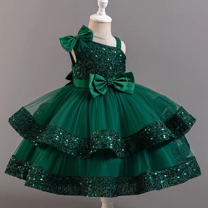 Kids Girls Sequins and Bow Design Birthday Party Flower Dresses