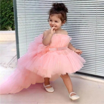 Kids Girls Formal Puffy Princess Wedding Birthday Dress with Trail