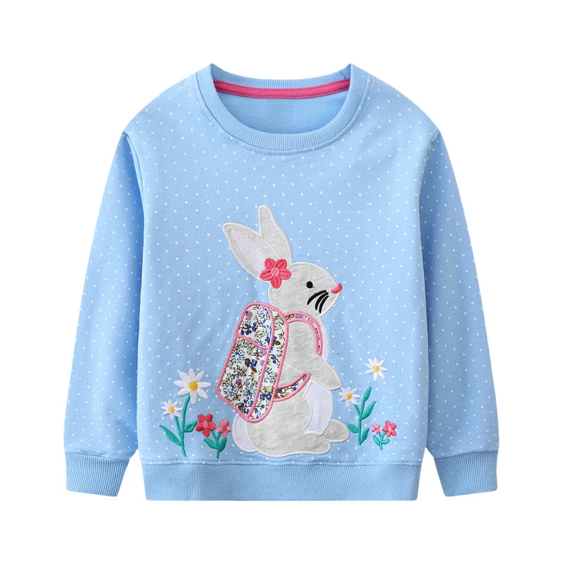 Rabbits Flowers Embroidered Little Girls Long Sleeve Sweatshirt childrensterritory