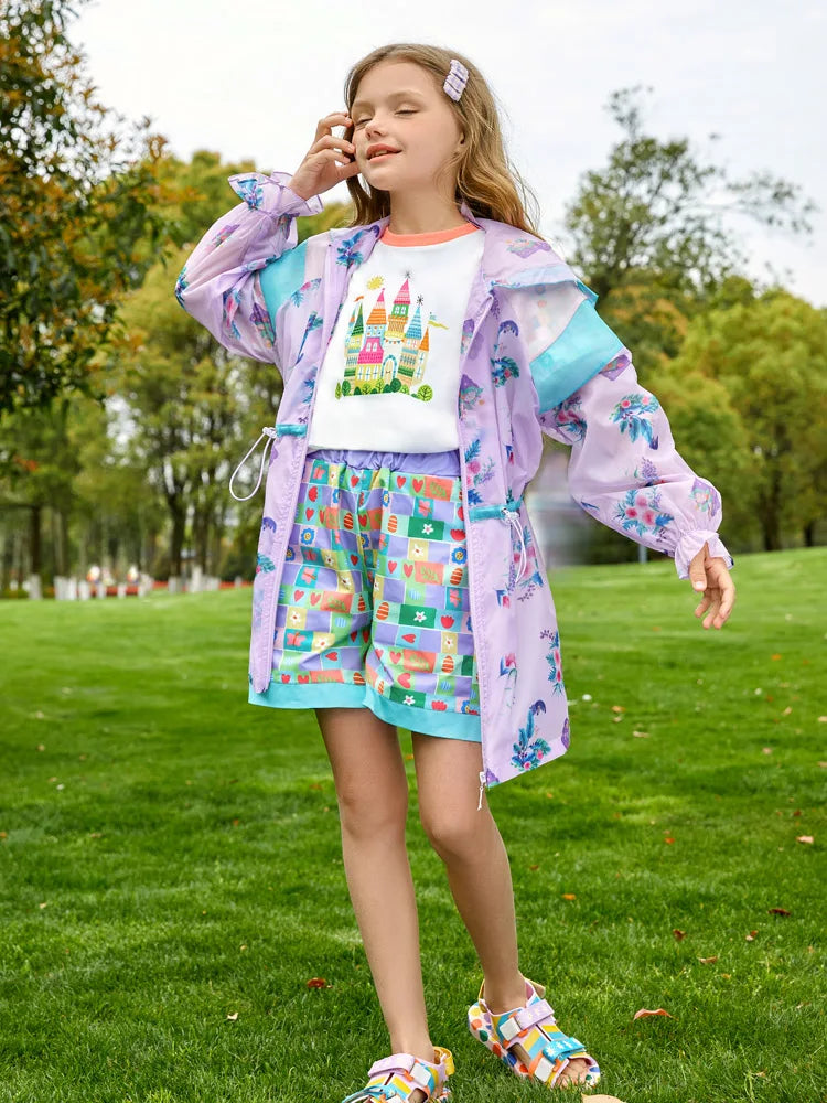 Kids Girls Hooded Trench Coat Printed With Pleated Cuffs childrensterritory