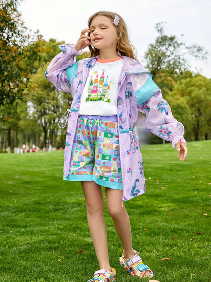 Kids Girls Hooded Trench Coat Printed With Pleated Cuffs childrensterritory