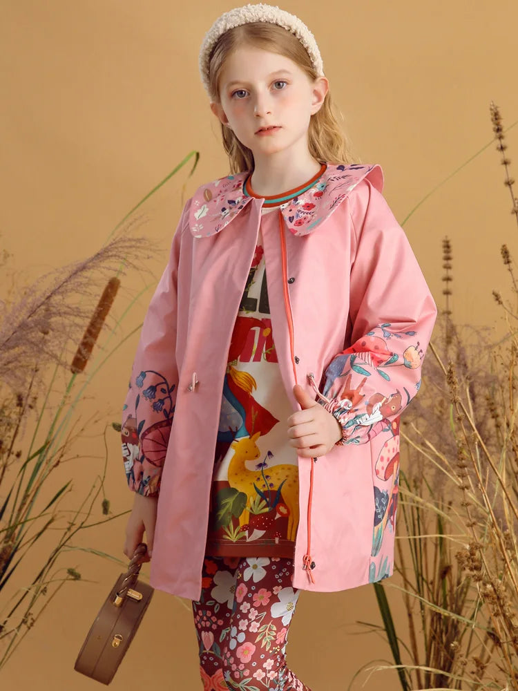 Flowers Printed Peter Pan Collar Girls Trench Coat childrensterritory