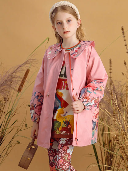 Flowers Printed Peter Pan Collar Girls Trench Coat childrensterritory