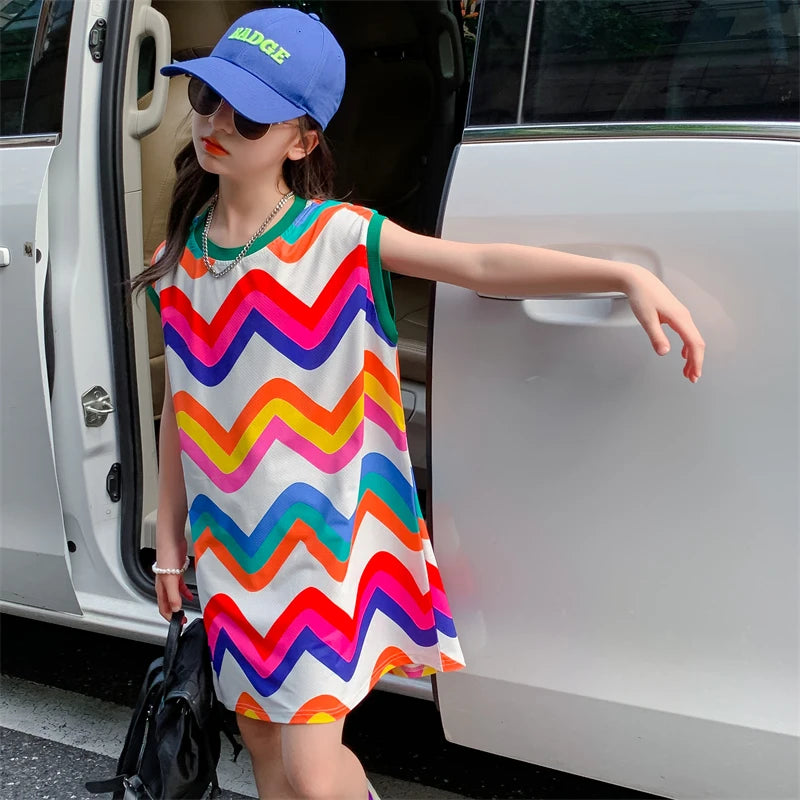 Girls Striped Pattern Party Dress for Summer