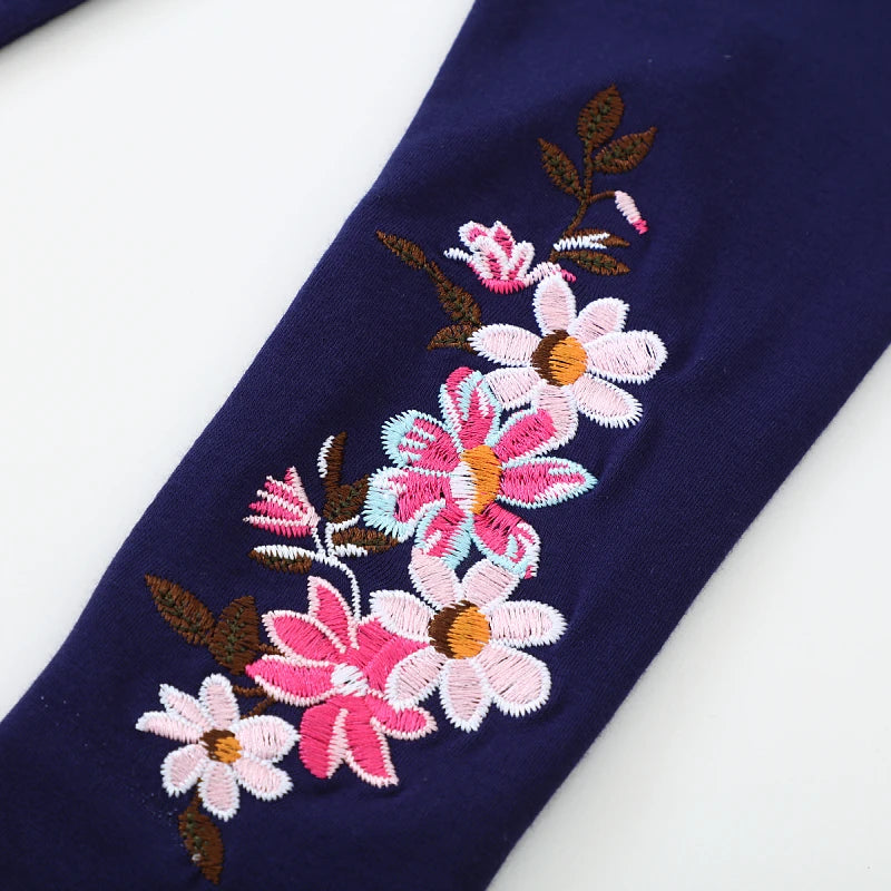 Flowers Embroidered Cotton Leggings For Girls