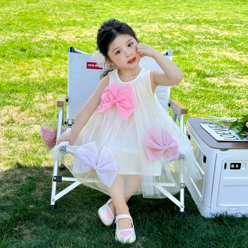 Little Girls Stylish Bow Design A-Line Princess Yarn Skirt Dresses