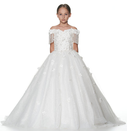 Floral Off Shoulder Kid Girl Baptism Gown with Crystals Tassel childrensterritory