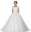 Floral Off Shoulder Kid Girl Baptism Gown with Crystals Tassel childrensterritory