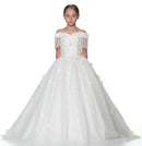 Floral Off Shoulder Kid Girl Baptism Gown with Crystals Tassel childrensterritory