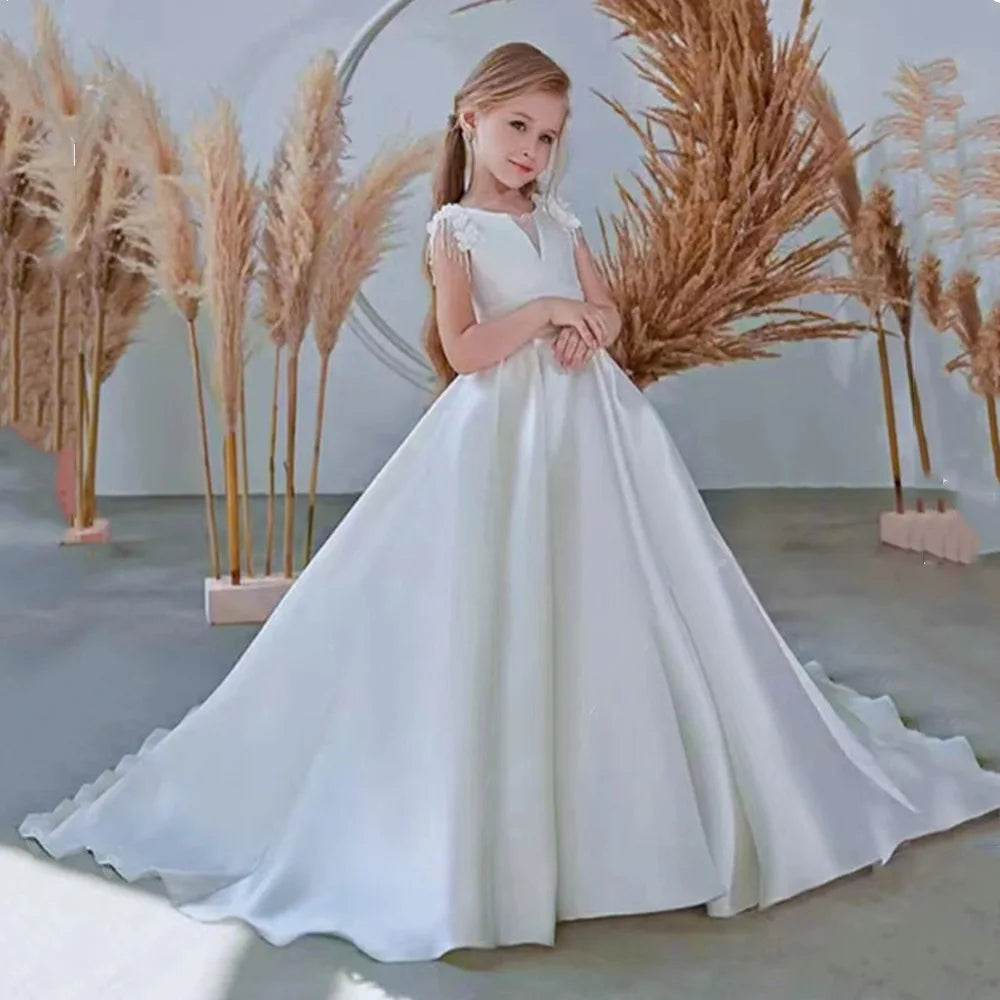Ivory Beads Decoration Puff First Communion Dress for Girls