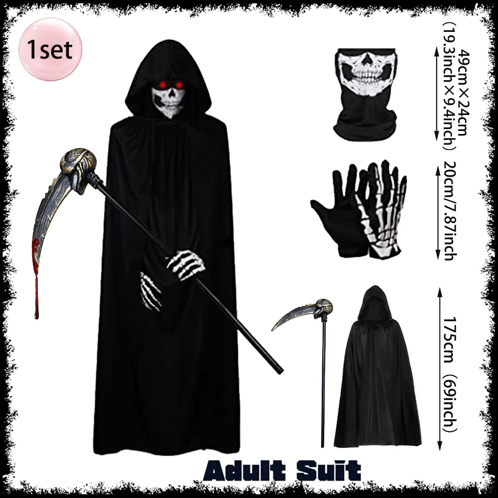 Halloween Death Black Cloak and Skeleton Costume Prop Set