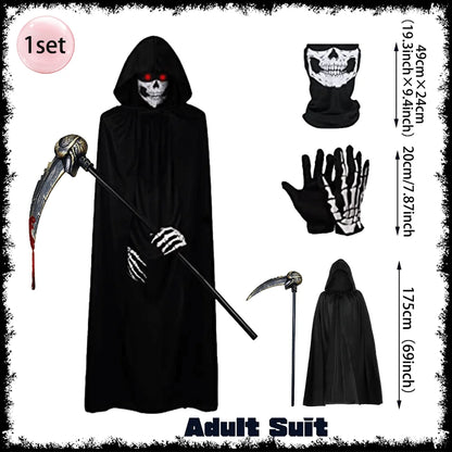 Halloween Death Black Cloak and Skeleton Costume Prop Set