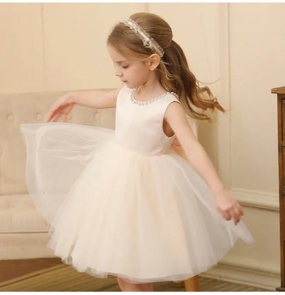 Kids Girls Solid Color Pearl Bow Design Fluffy Princess Dresses childrensterritory