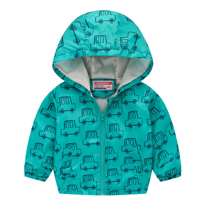 Dinosaurs Graphic Print Kids Boys Windproof Hooded Jackets