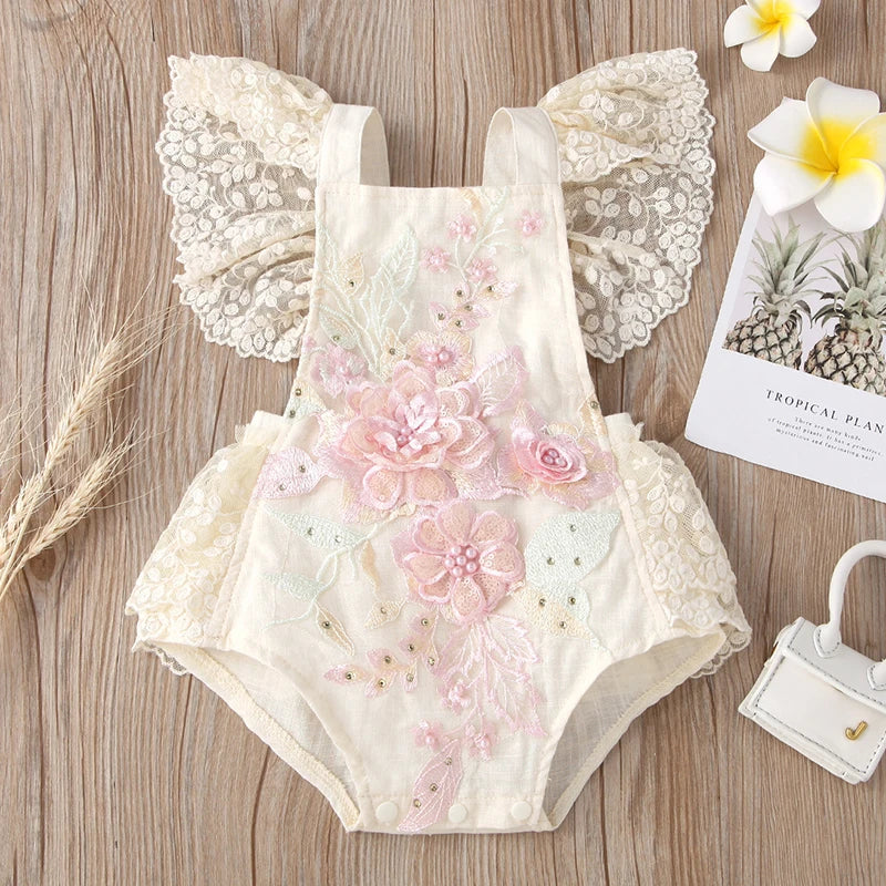 Baby Girls Cute Flower Lace Design Sleeveless Rompers