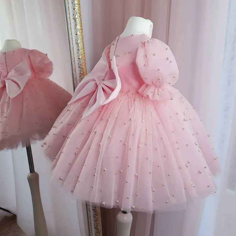 Pearl Decorated Puffy Pink Princess Dress for Girl&