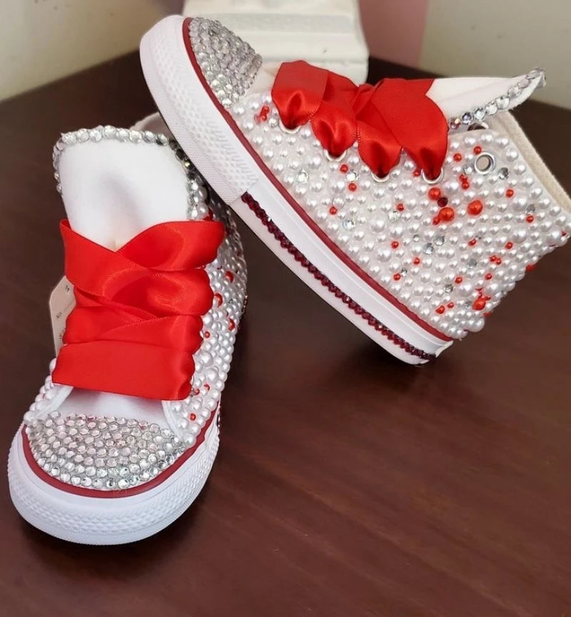 Kids Girls Pink Sparkle Gold Rhinestones Canvas Sneakers