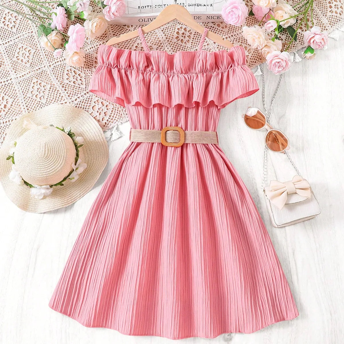 Kids Girls Off Shoulder Formal Summer Party Dresses With Belt