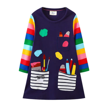 Kids Girls Pockets Pen Embroidery Preppy Style Dress childrensterritory