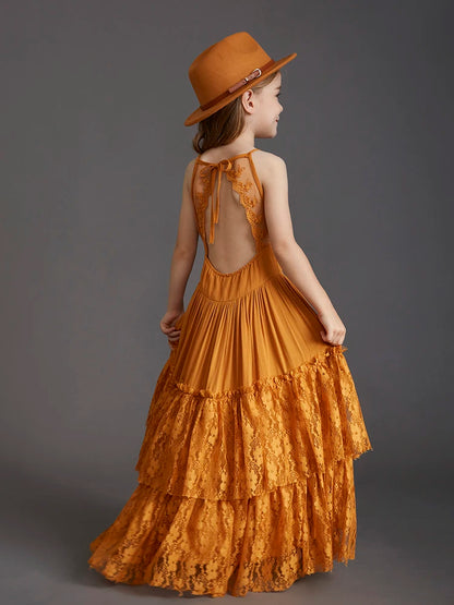 Girls Bohemia Lace Design Backless Chiffon Long Dresses childrensterritory