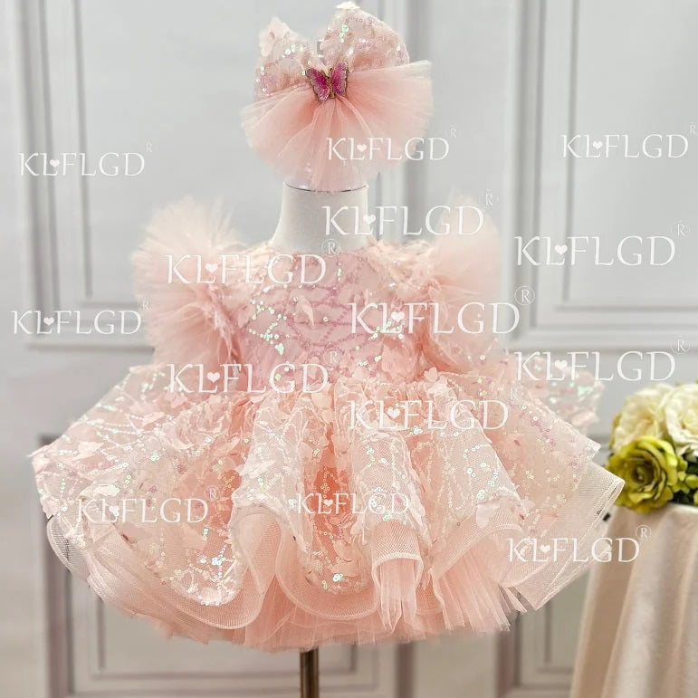 Girls Long Sleeves Butterfly Design Fluffy Party Dresses