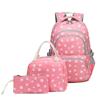 Paw-Printed 3-Piece Cute Waterproof Student Bag Set for Girls childrensterritory