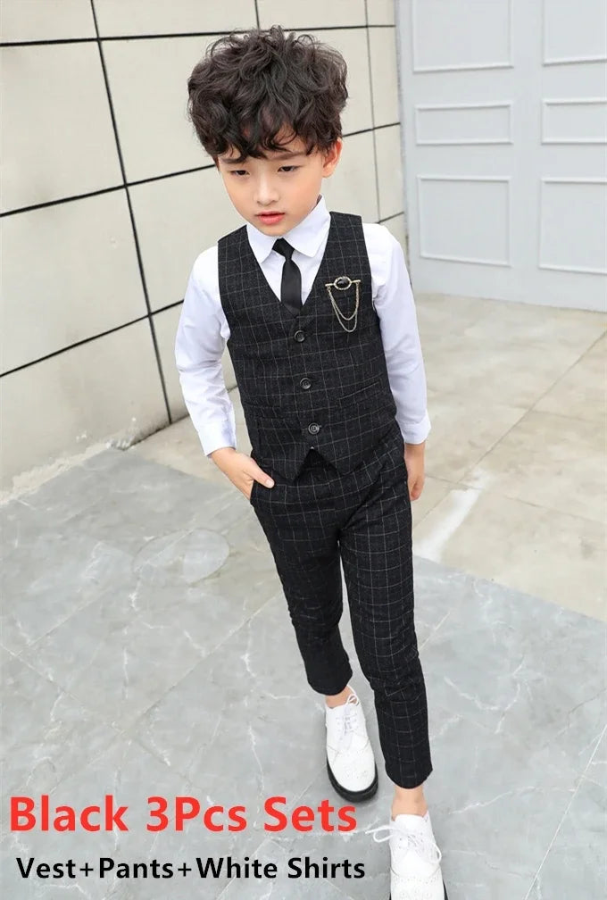 Slim Fit Kids Boys Plaid Vest Formal Wedding/Party Suit Sets childrensterritory