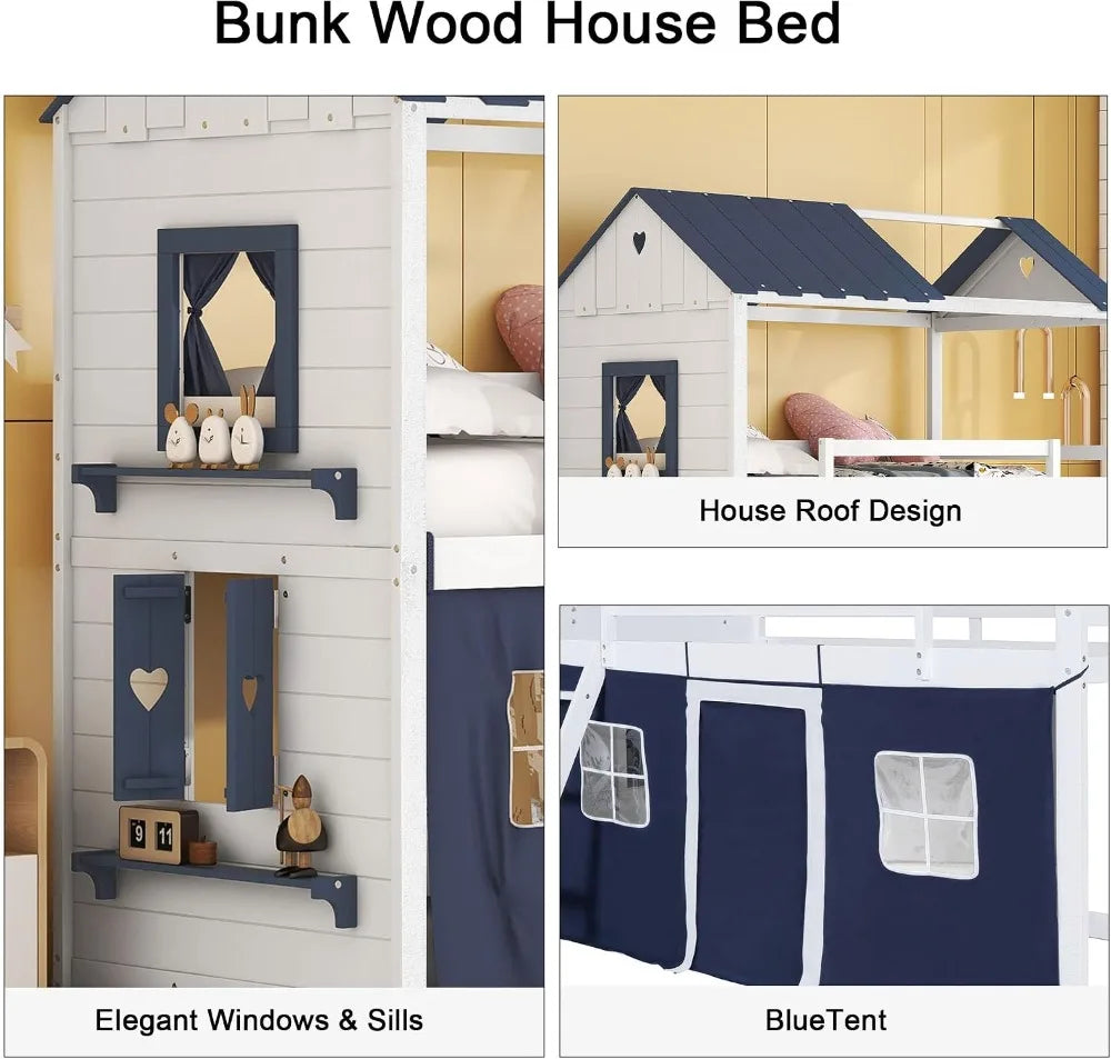 Hut Design Twin over Twin Bunk Bed with Window and Two Drawers