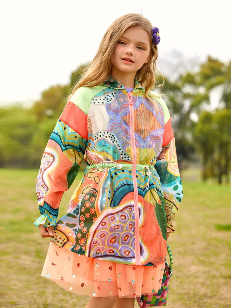 Kids Girls Tie Dye Print Thin Trench Coat and T-shirt childrensterritory