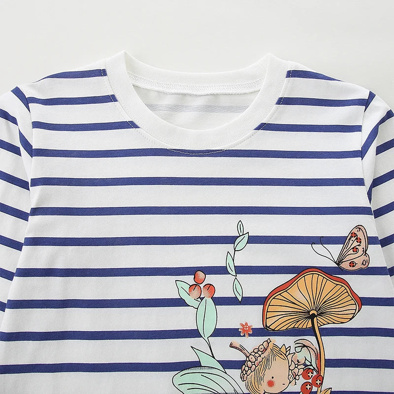 Round Neck Long Sleeves Cartoon Print Cotton Tops For Girls