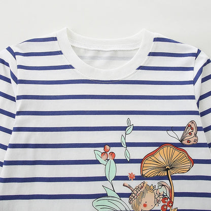 Round Neck Long Sleeves Cartoon Print Cotton Tops For Girls