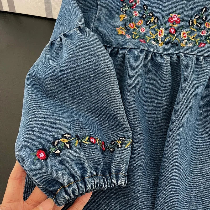 Little Girl Retro Style Embroidered Denim Fashionable Dress childrensterritory