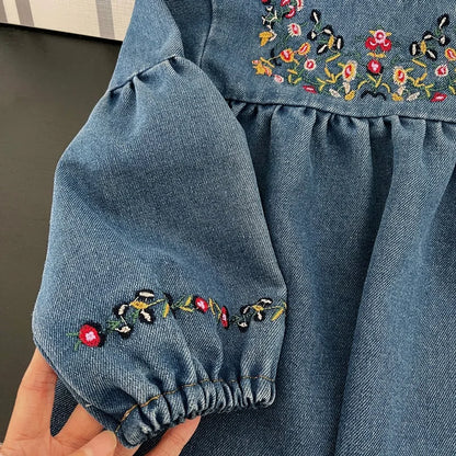 Little Girl Retro Style Embroidered Denim Fashionable Dress childrensterritory