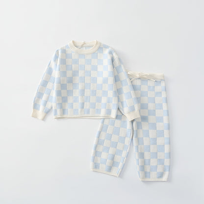 Little Girl Boy 2PCS Plaid knitted Clothes Set Sweater + Pant childrensterritory